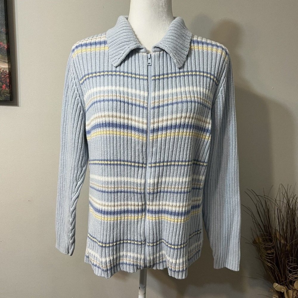 Cherokee Women's Blue Ripped Striped Full Zip Sweater Cardigan Size XL Collard